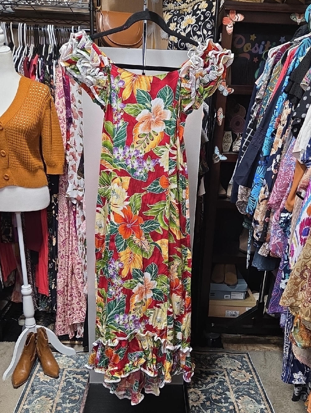 Off-Shoulder Red Tropical Floral Maxi Dress with Ruffle Hem